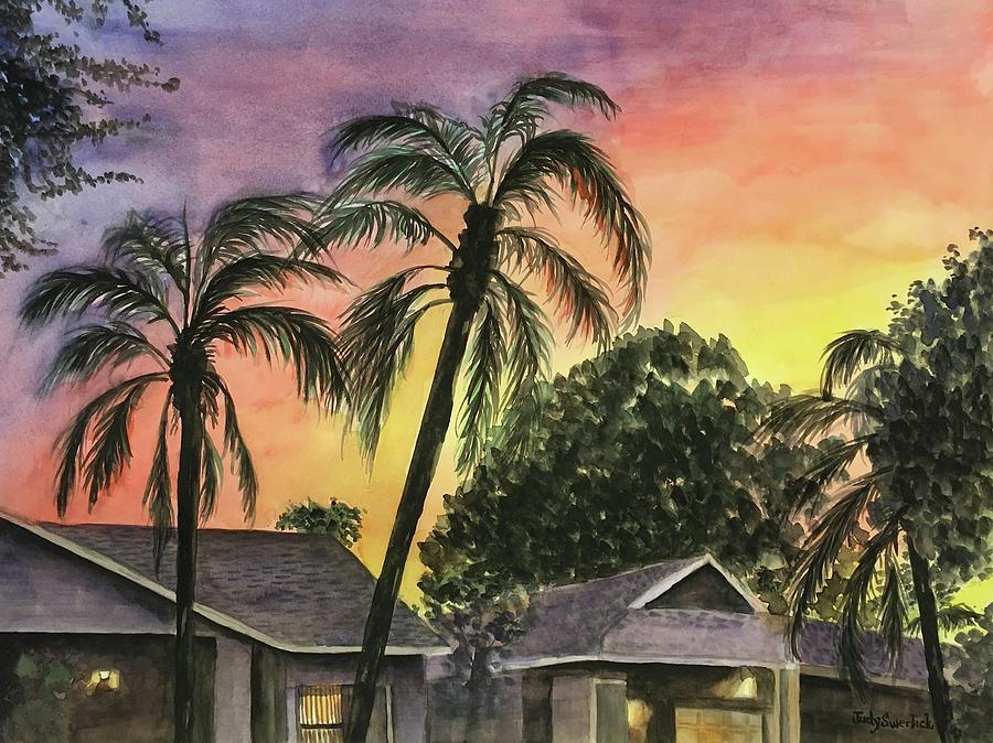 Sunset Painting - Sunset Over Tamarind Village by Judy Swerlick