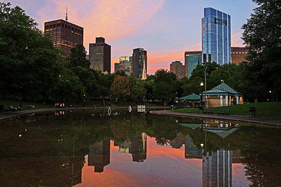 Sunset over the Boston Common Frog Pond Skyline Reflection Photograph by Toby McGuire