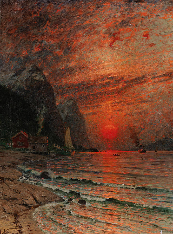Sunset over the Fjord Painting by Adelsteen Normann