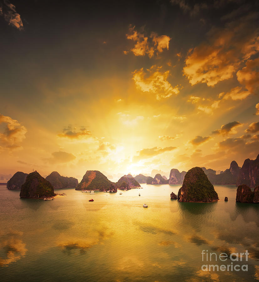 Panoramic Photograph - Sunset Over The Islands Of Halong Bay by Banana Republic Images