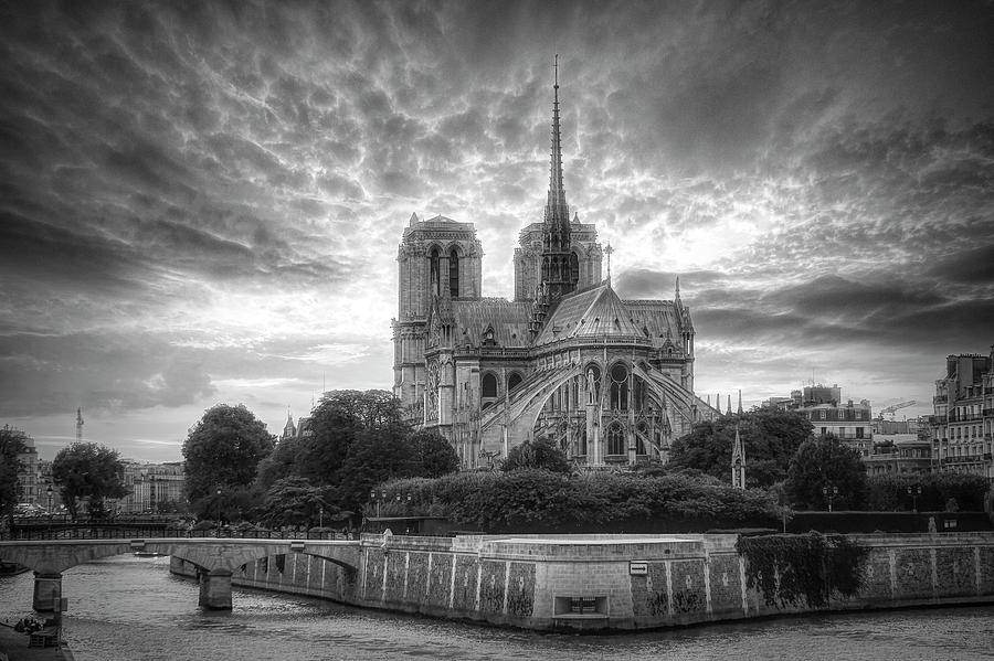 Sunset over the Notre Dame de Paris Black and White Photograph by Debra and Dave Vanderlaan
