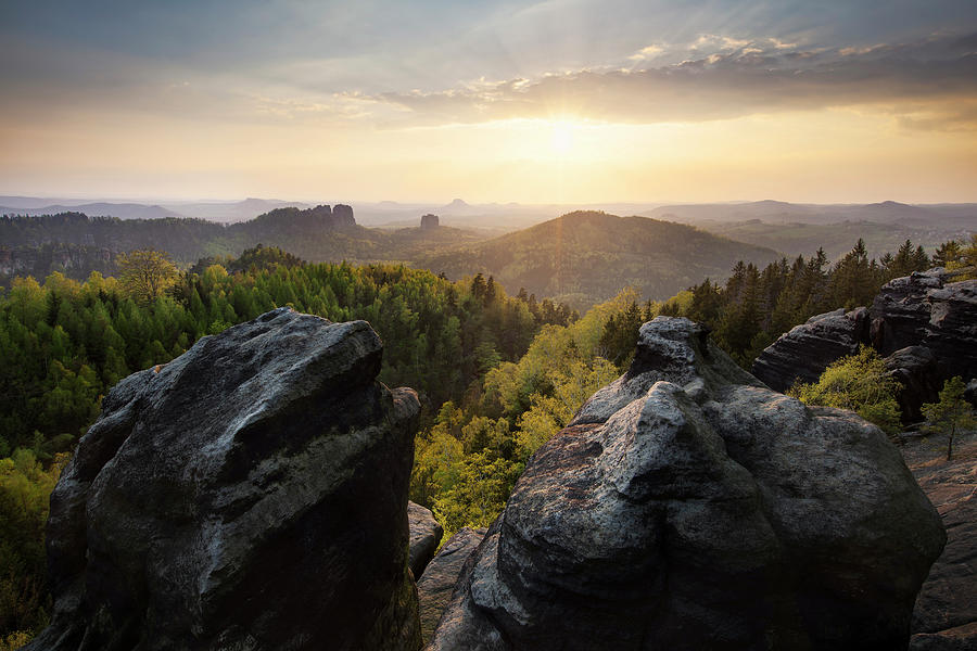 Spring Photograph - Sunset Over The Saxon Switzerland National Park, With The View From Affensteine In Spring, Saxony, Germany by Tobias Richter