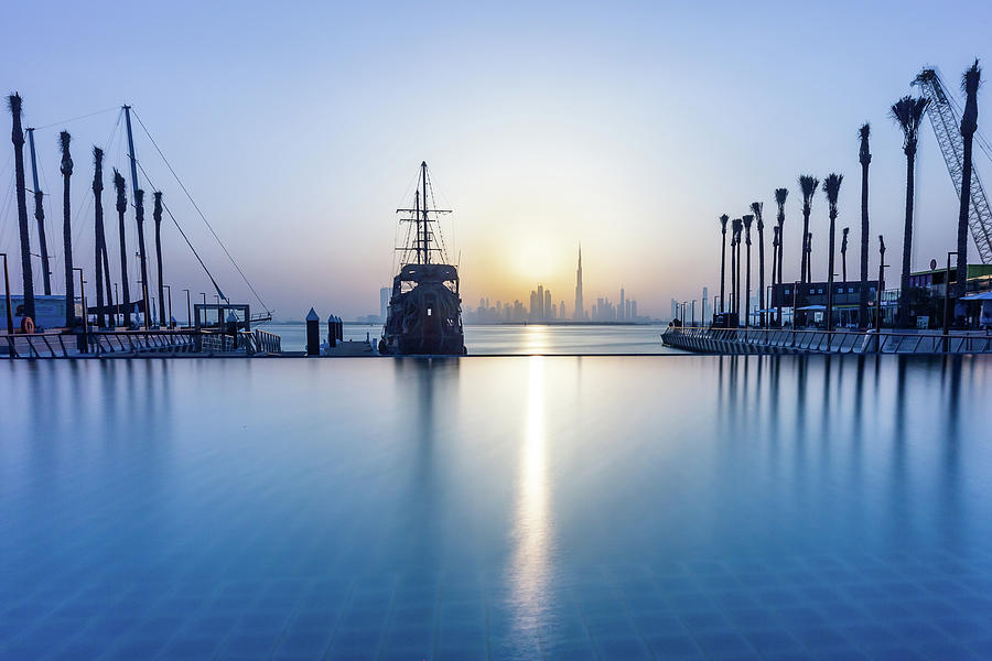 Sunset Overlooking The Skyline At Harbor Creek In Dubai, Uae Photograph ...