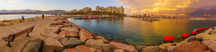 Architecture Photograph - Sunset Panorama Of The Marina Pier, And Hotel Buildings. Eilat by Ran Dembo