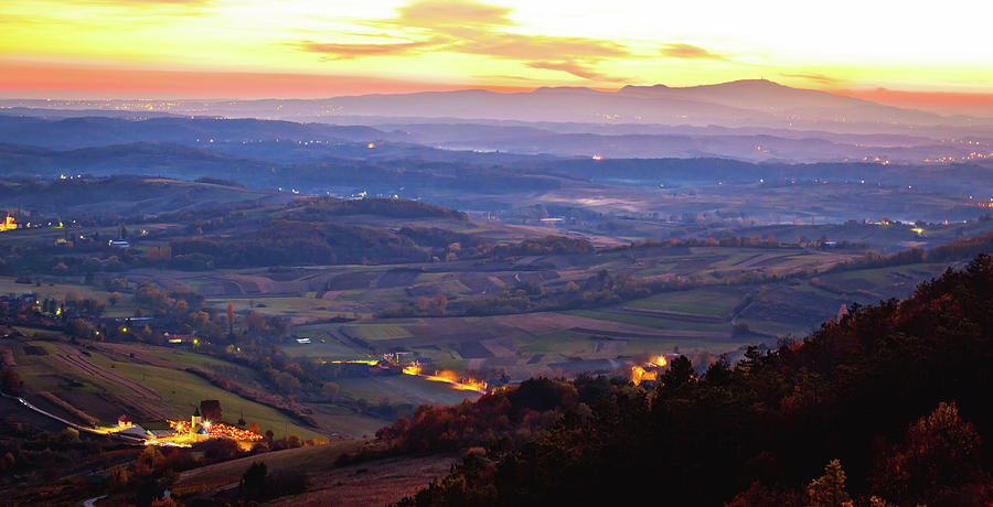 Sunset panoramic view from Kalnik mountain to Medvednica Photograph by Brch Photography