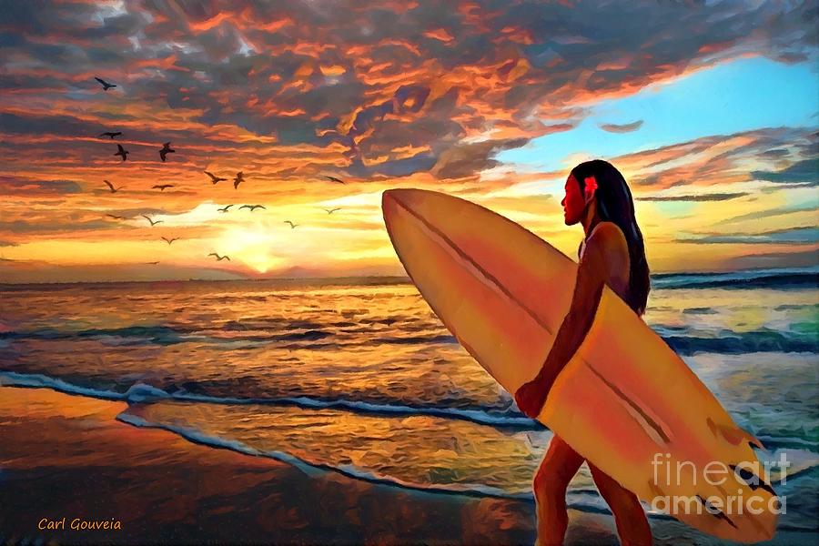 Sunset Surf Girl Mixed Media by Carl Gouveia