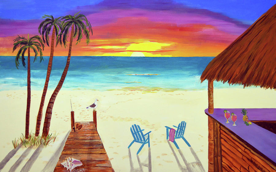 Sunset Tiki beach Painting by Daniel Gale