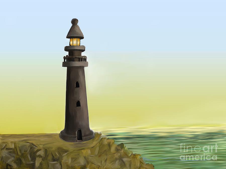 Sunset with Lighthouse Painting by Ana Borras
