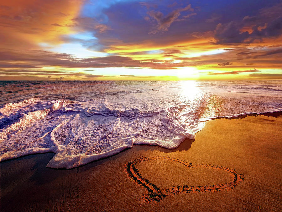 Sunset with love heart on the beach Photograph by Mihaela Pater | Fine