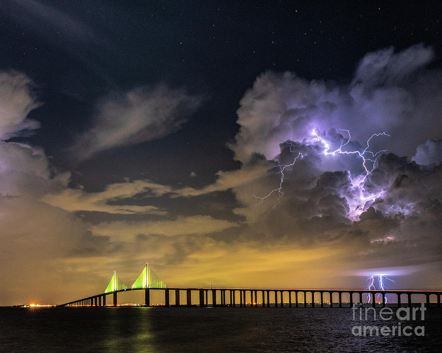 Sunshine Skyway Lightning Photograph by Damon Powers