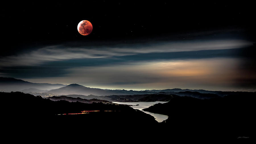 Super Blood Wolf Moon Eclipse Over Lake Casitas at Ventura County, California Photograph by John A Rodriguez