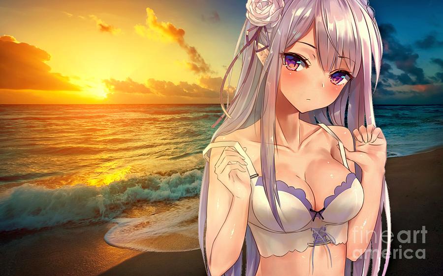 Super Cute Henai Girl Sunset Posing At The Beach Ultra HD Drawing by Hi Res
