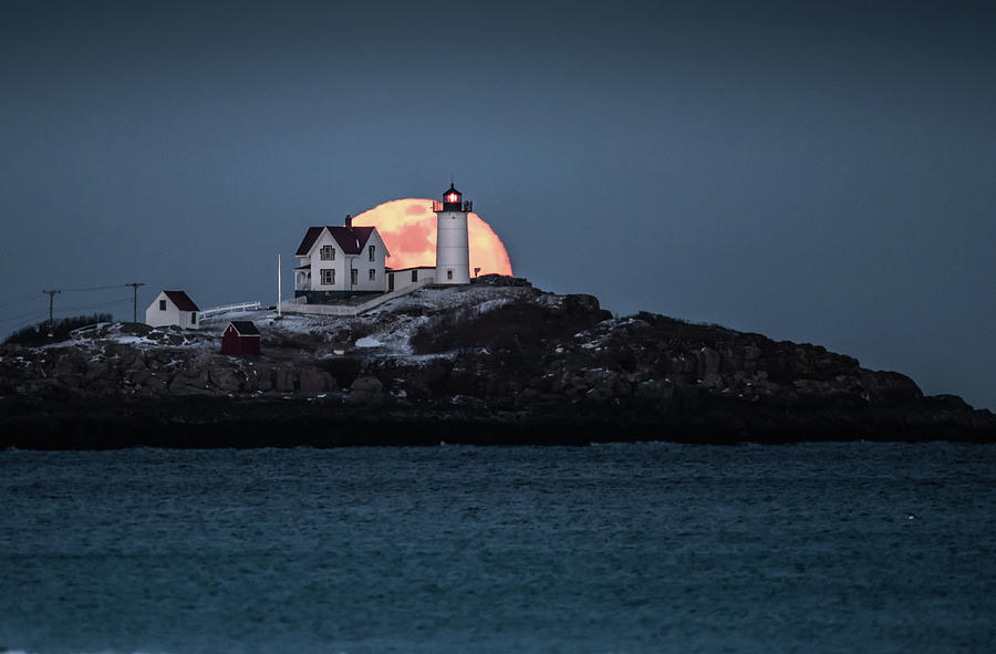 Super Moon at the Nubble - halfway up Photograph by Hershey Art Images