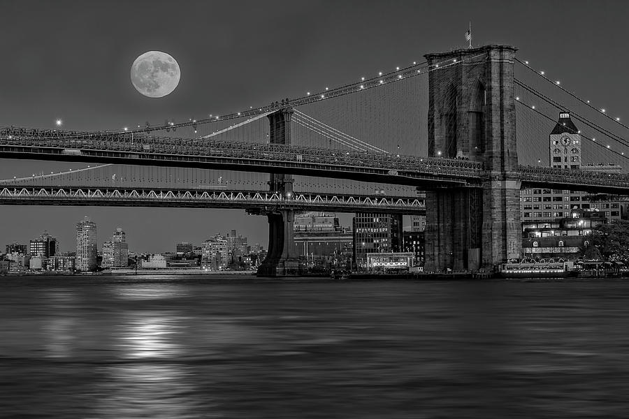 Super Moon Over Manhattan and Brooklyn Bridges NYC BW Photograph by Susan Candelario