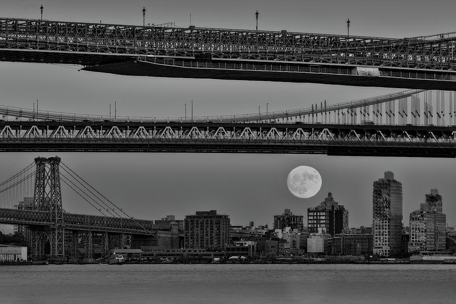 Super Moon Over Manhattan New York City NYC Bridges BW Photograph by Susan Candelario