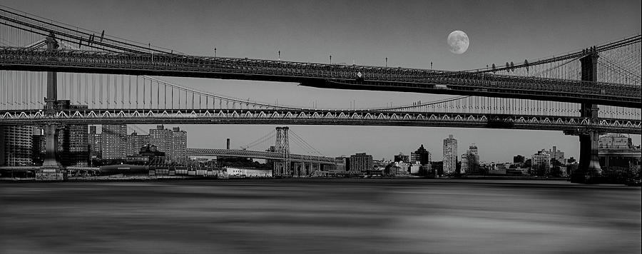 Super Moon Over NYC Bridges Pano BW Photograph by Susan Candelario