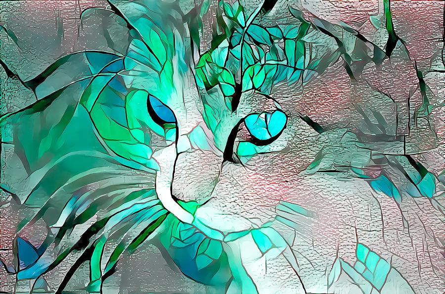 Super Stained Glass Kitten Blue Green Digital Art by Don Northup