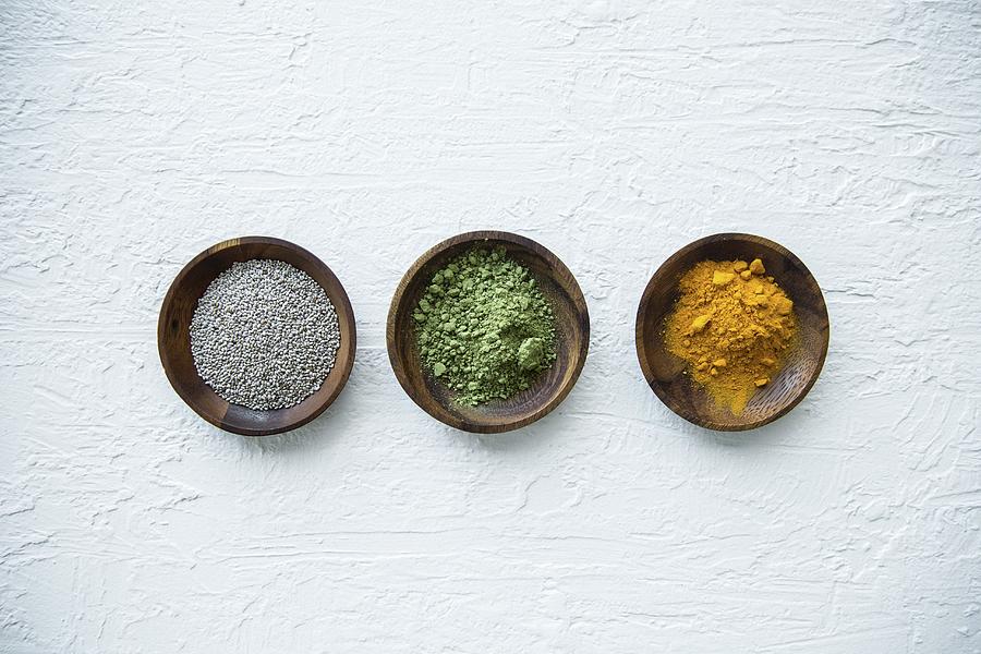 Superfood In Small Bowls chia Seeds, Matcha Powder And Turmeric Powder Photograph by Sneh Roy