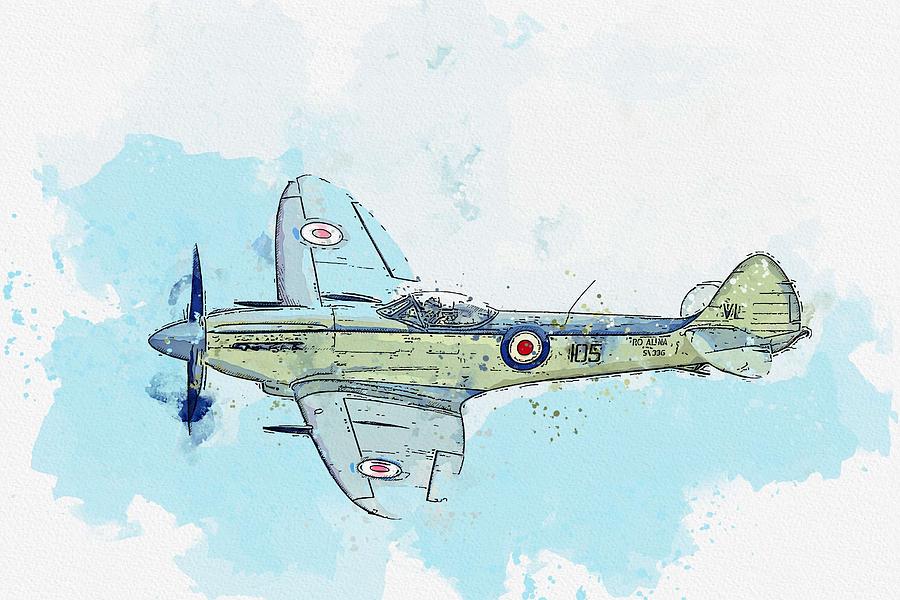 Supermarine Aviation Works Spitfire MkXVIII watercolor by Ahmet Asar Painting by Celestial Images