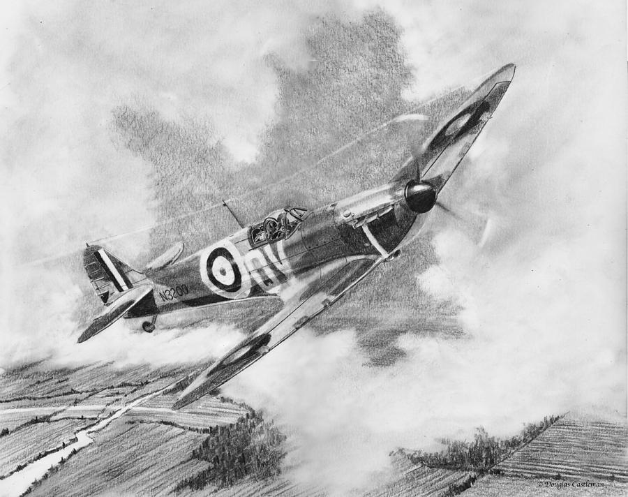 Spitfire Sketch - MK716 Picture Canvas Wall Art in Colour by J Biggadike ID  #700992