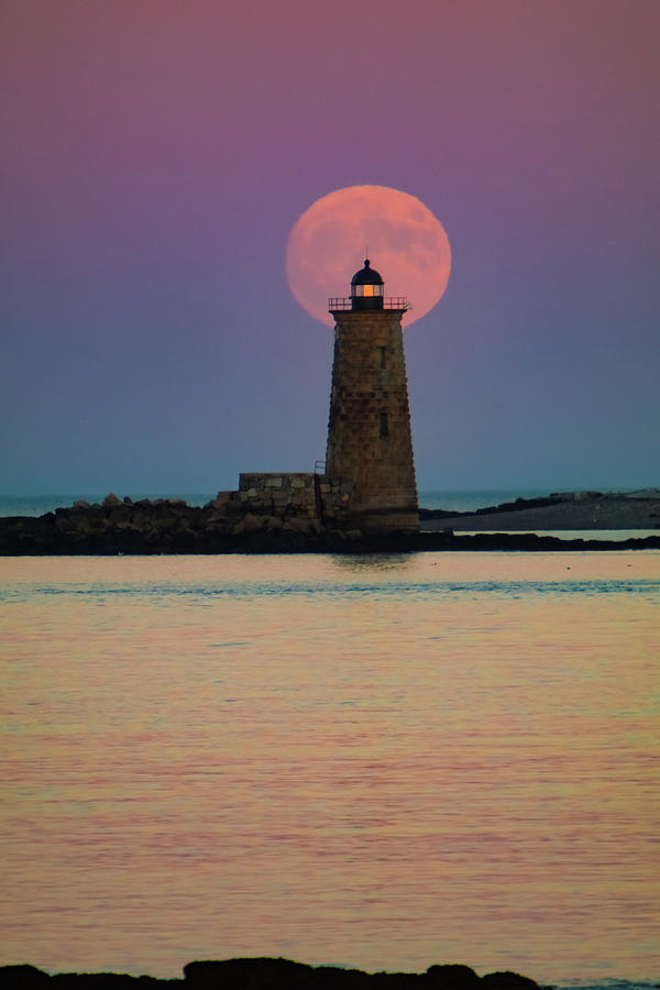 Supermoon over Maine Lighthouse Photograph by Jeff Folger