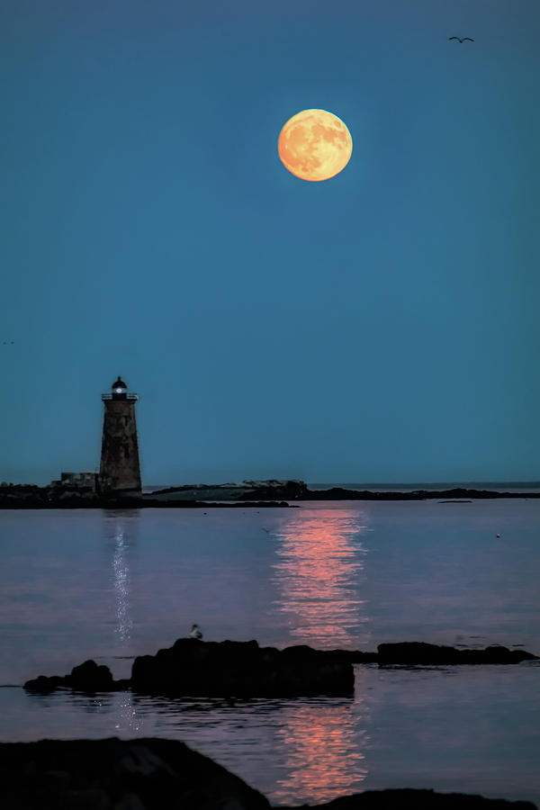 Supermoon rises over WhaleBack a Maine Lighthouse-Digital Art Photograph by Jeff Folger