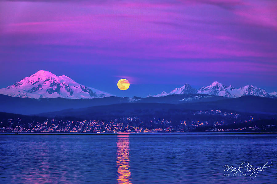 Supermoon with Mt. Baker Alpenglow Photograph by Mark Joseph