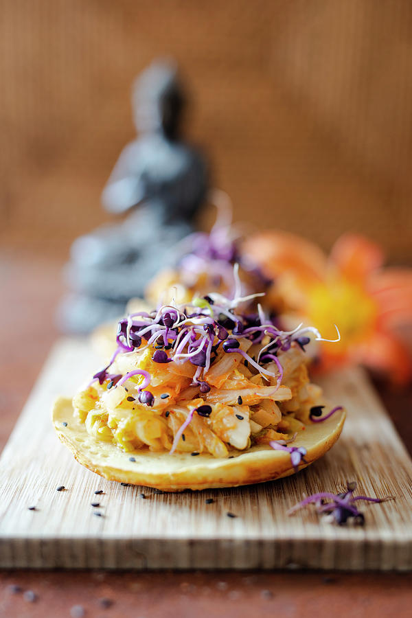 Surabi rice Flour And Coconut Pancakes, Indonesia With Coleslaw And Sprouts Photograph by Jan Wischnewski