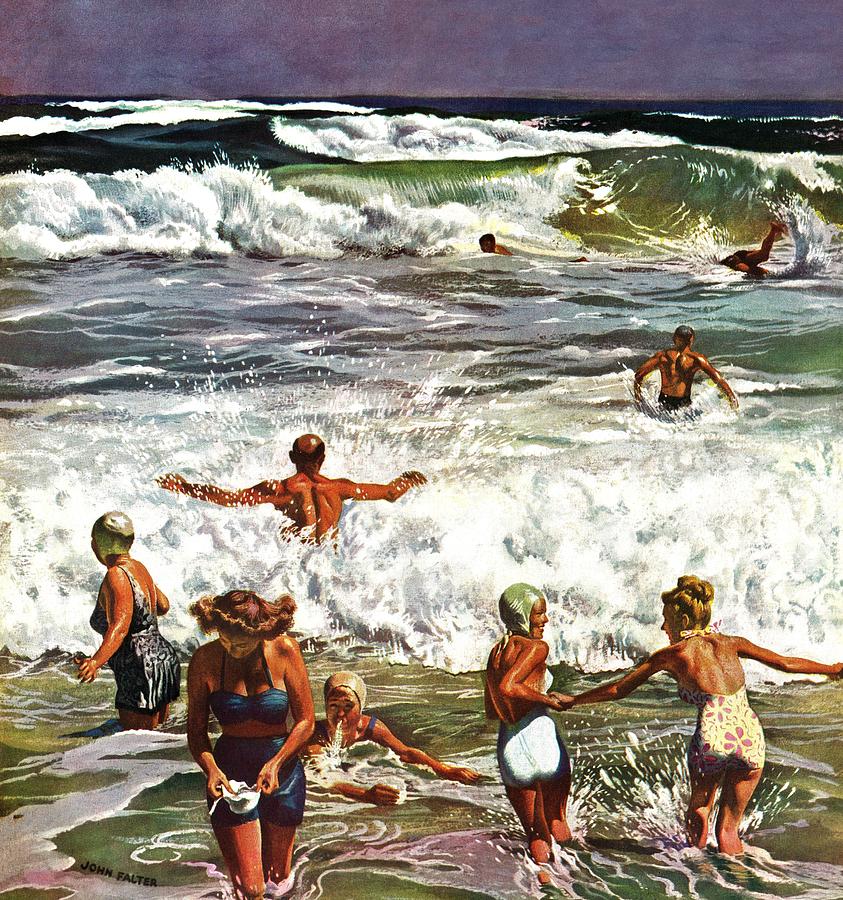 Beach Drawing - Surf Swimming by John Falter