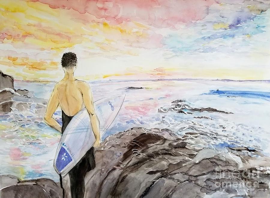 Surfer by the Ocean Painting by Leslie Ouyang