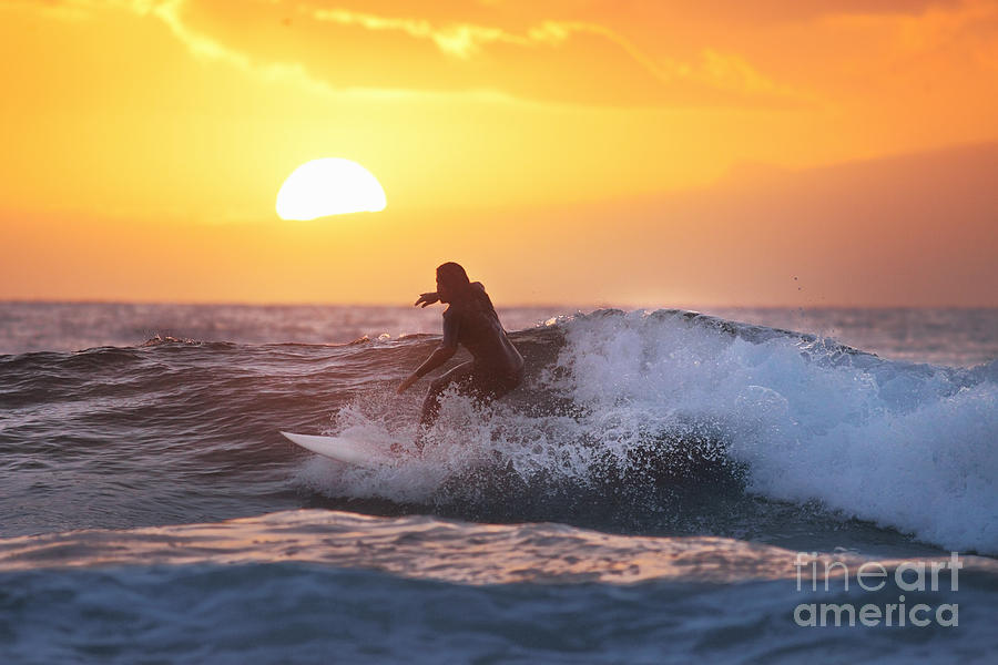 Surfer On Wave At Sunset Photograph by Stanislaw Pytel
