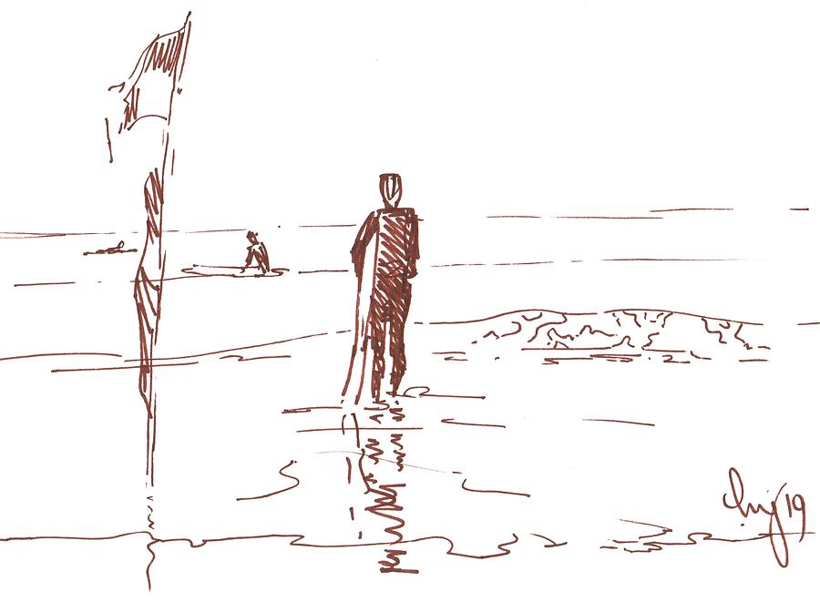 Surfer standing in shallow water on a flat day with no waves in the sea Drawing by Mike Jory