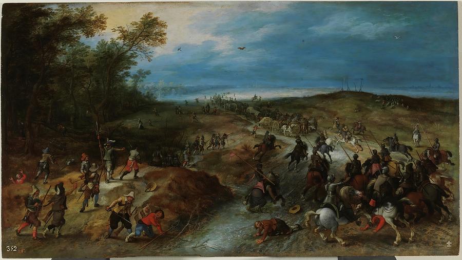 Surprise Attack on a Convoy. 1620 - 1625. Oil on panel. Painting by Jan Brueghel the Younger -1601-1678- Sebastien Vrancx -1573-1647-
