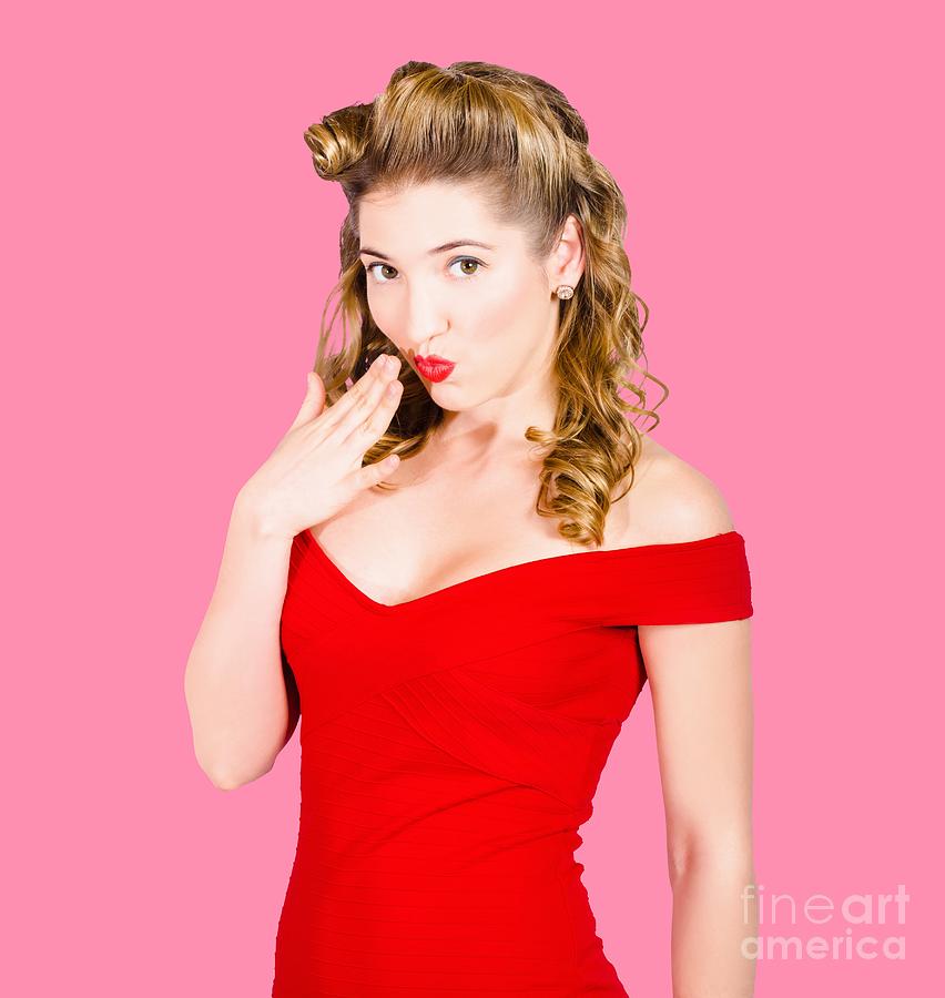 Surprised retro pinup girl on pink background Photograph by Jorgo Photography