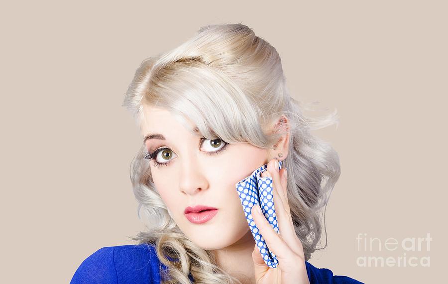 Surprised retro pinup woman holding cleaning rag  Photograph by Jorgo Photography