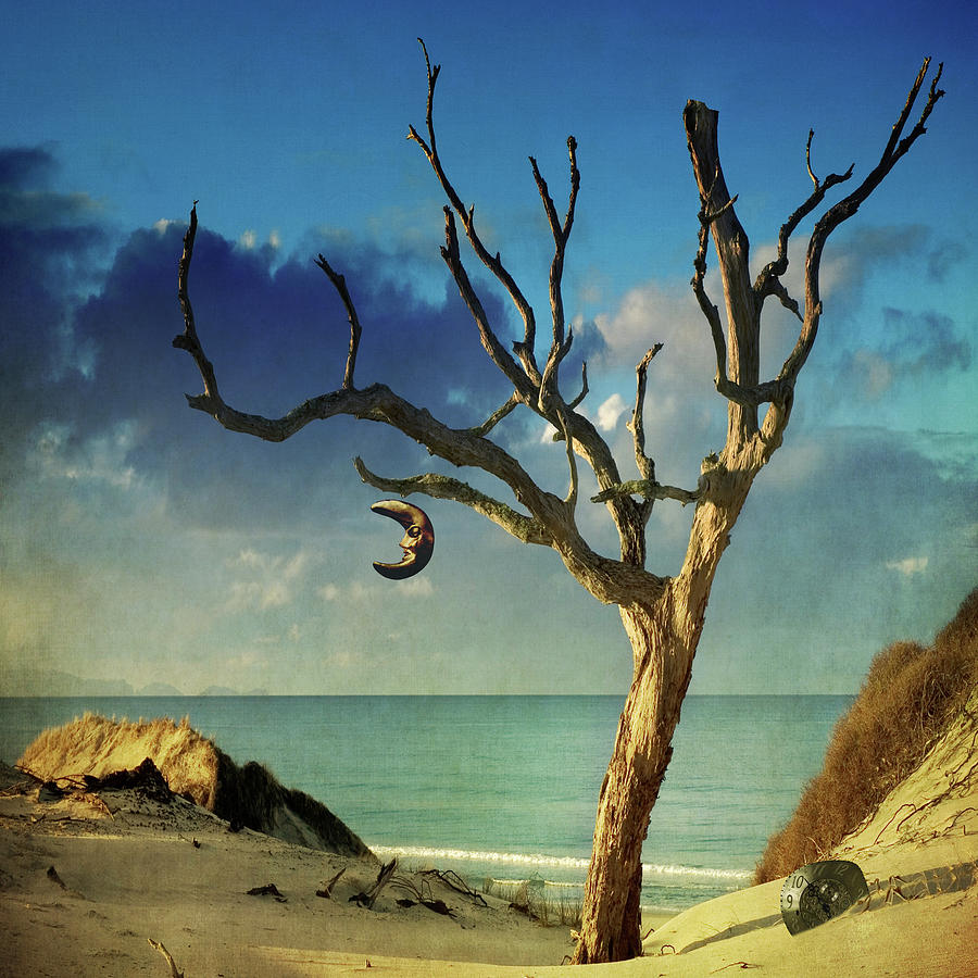 Surreal Dali Inspired Beach With Moon by Melinda Moore