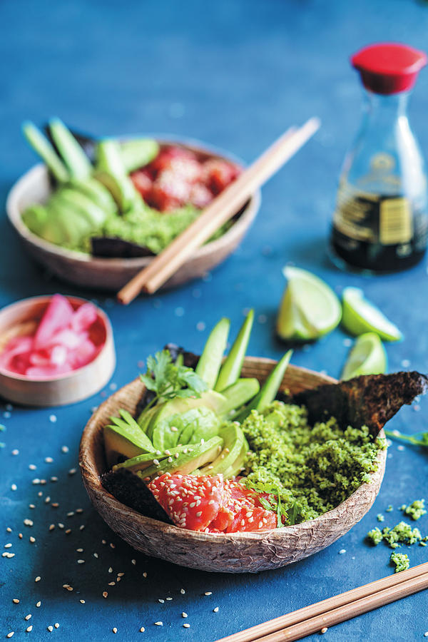Sushi Bowl With Salmon, Avocado, Cucumber And Broccoli Rice Photograph by Great Stock!