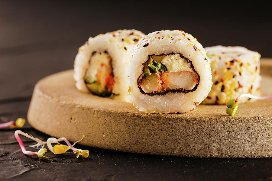 Sushi Rolls Filled With Shrimp And Cream Cheese, Covered With Sesame Seeds. Photograph by Yumpic Studio