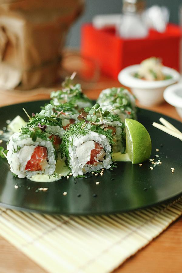 Sushi Rolls With Salmon, Fresh Cheese And Herbs Photograph by Kuzmin5d
