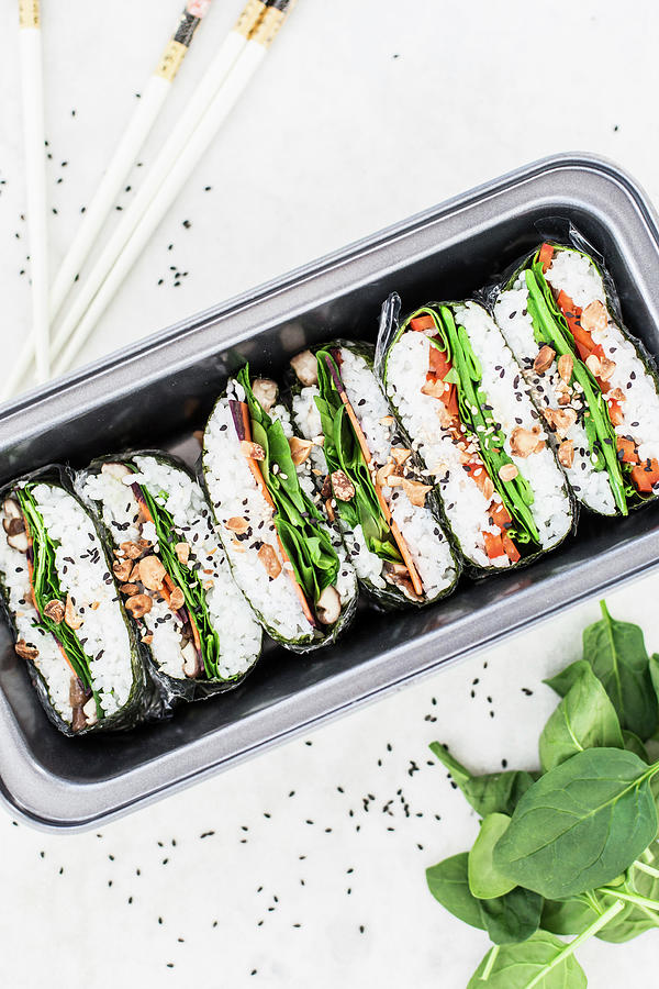 Sushi Sandwiches With Spinach, Peppers, Mange Tout, Black Sesame Seeds, Colourful Carrots, Shiitake Mushrooms And Peanuts Photograph by Theveggiekitchen
