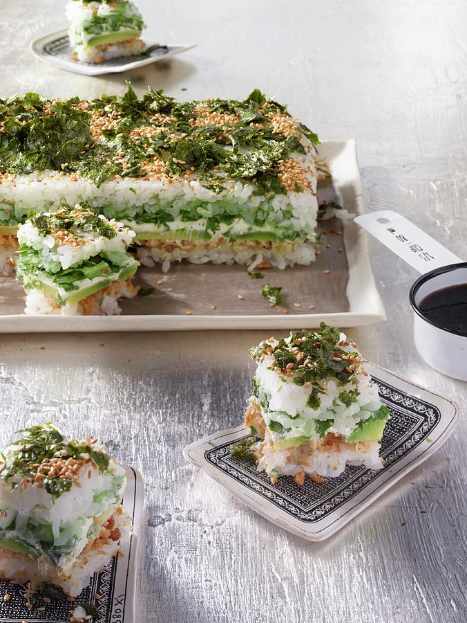 Sushi Stacks With Avocado, Fresh Cheese, Wasabi And Arugula Photograph by Jan-peter Westermann