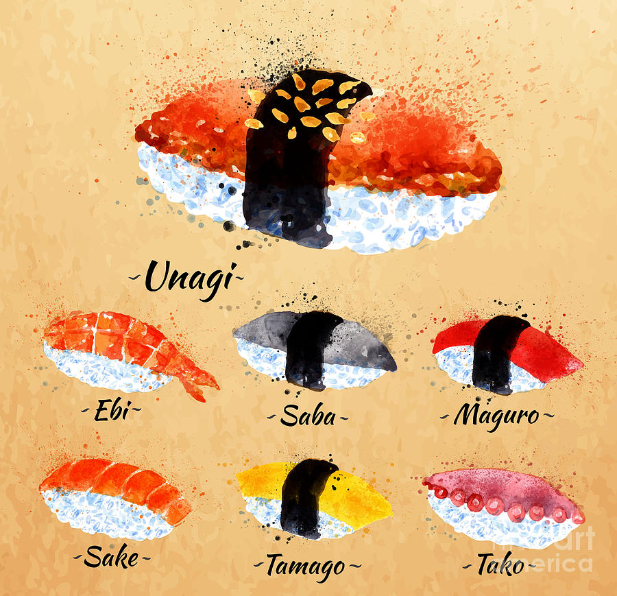 Lunch Digital Art - Sushi Watercolor Set Hand Drawn With by Anna42f Lunch Digital Art - Sushi Watercolor Set Hand Drawn With by Anna42f