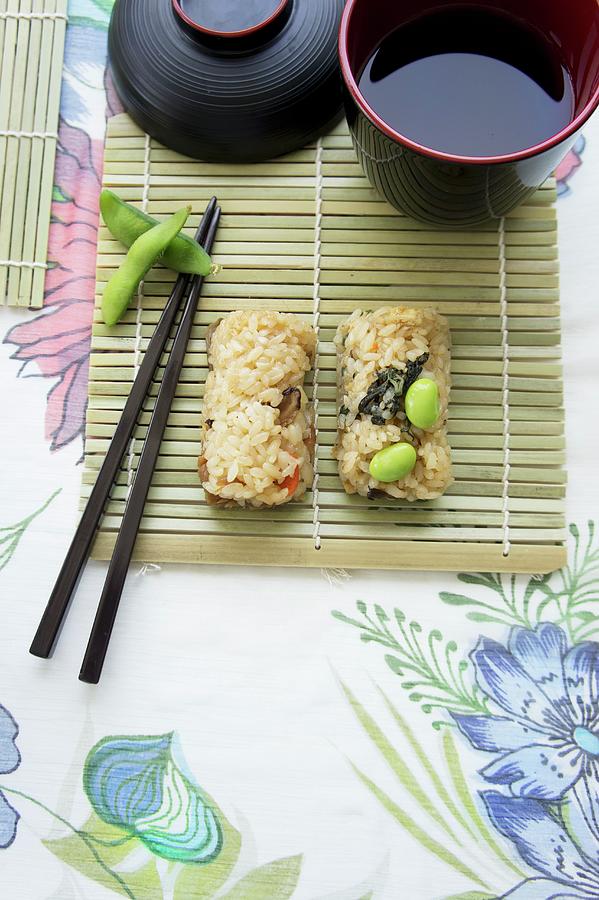 Sushi With Soya Beans On A Bamboo Mat With Soy Sauce japan Photograph by Martina Schindler