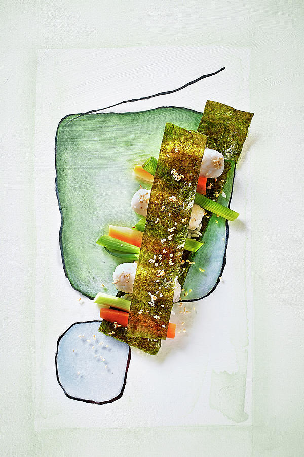 Sushi With Vegetables And Nori Leaves On A Painted Surface Photograph by Manfred Rave