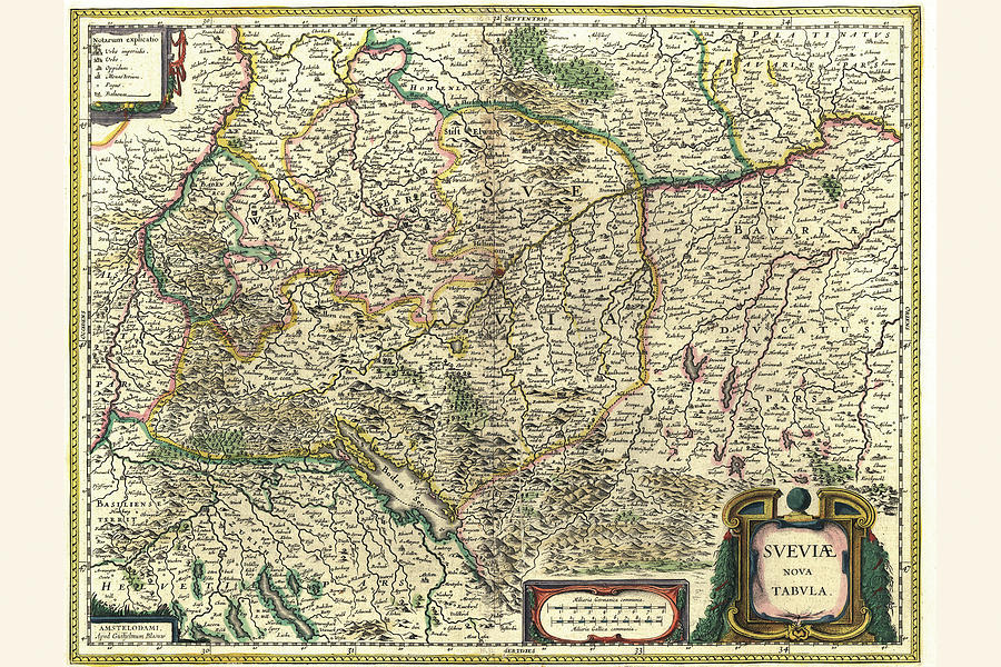 Map Painting - Swabia, Germany by Willem Janszoon Blaeu (Blau)