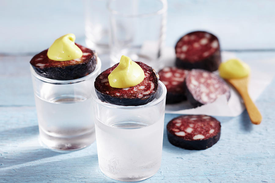 Swabian Tequila With A Slice Of Black Sausage And Mustard Photograph by Teubner Foodfoto