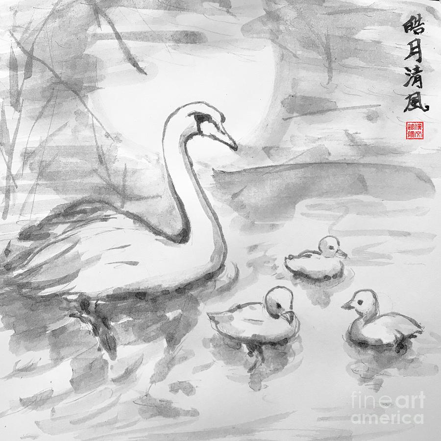 Swan Family  Painting by Lavender Liu