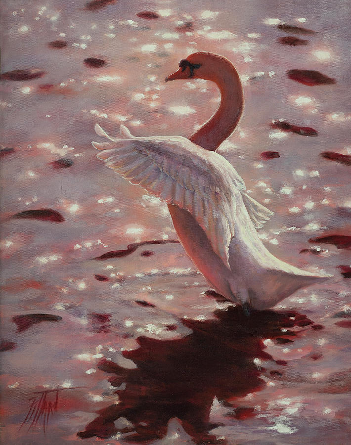 Pink Sunset Swan Painting by Lynne Pittard