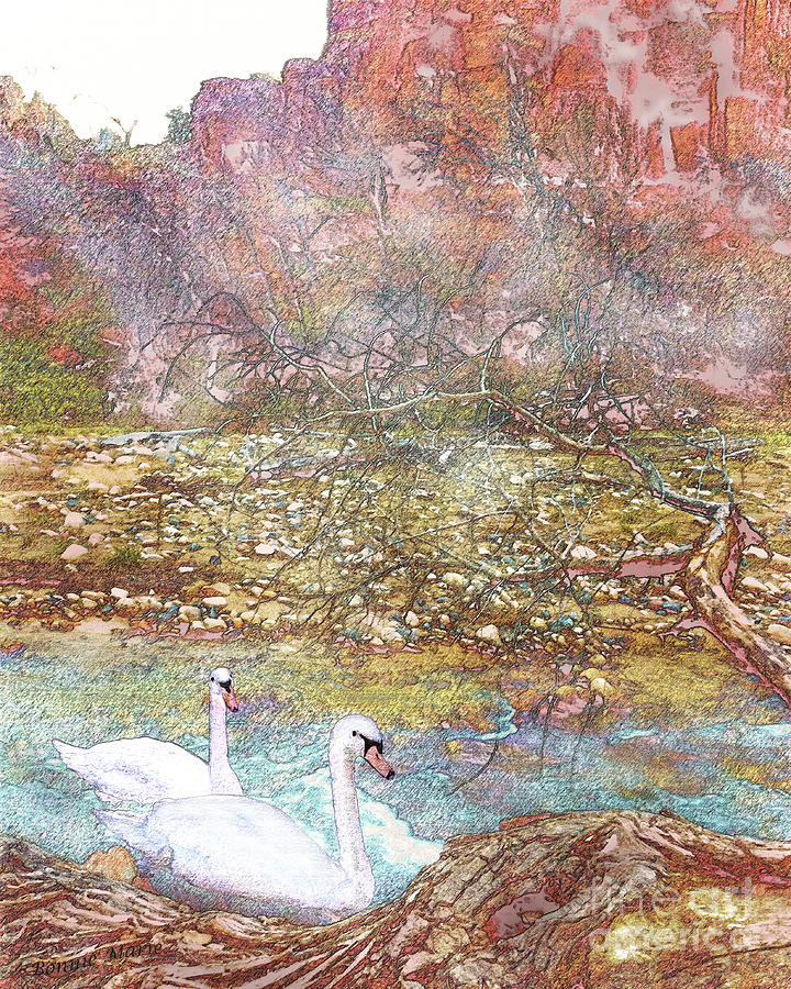 Swans In A Mist In Spring Mixed Media