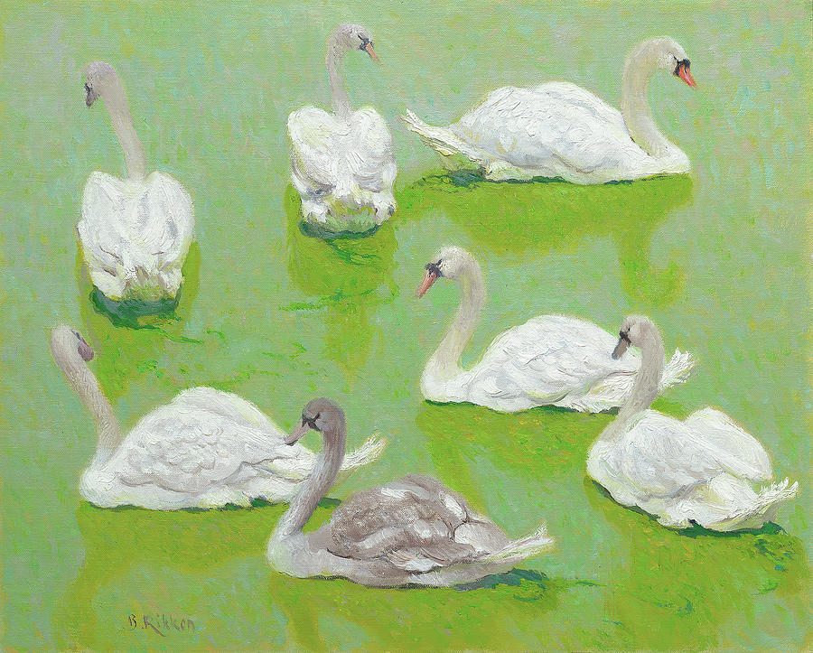 Swans in duckweed Painting by Ben Rikken | Fine Art America